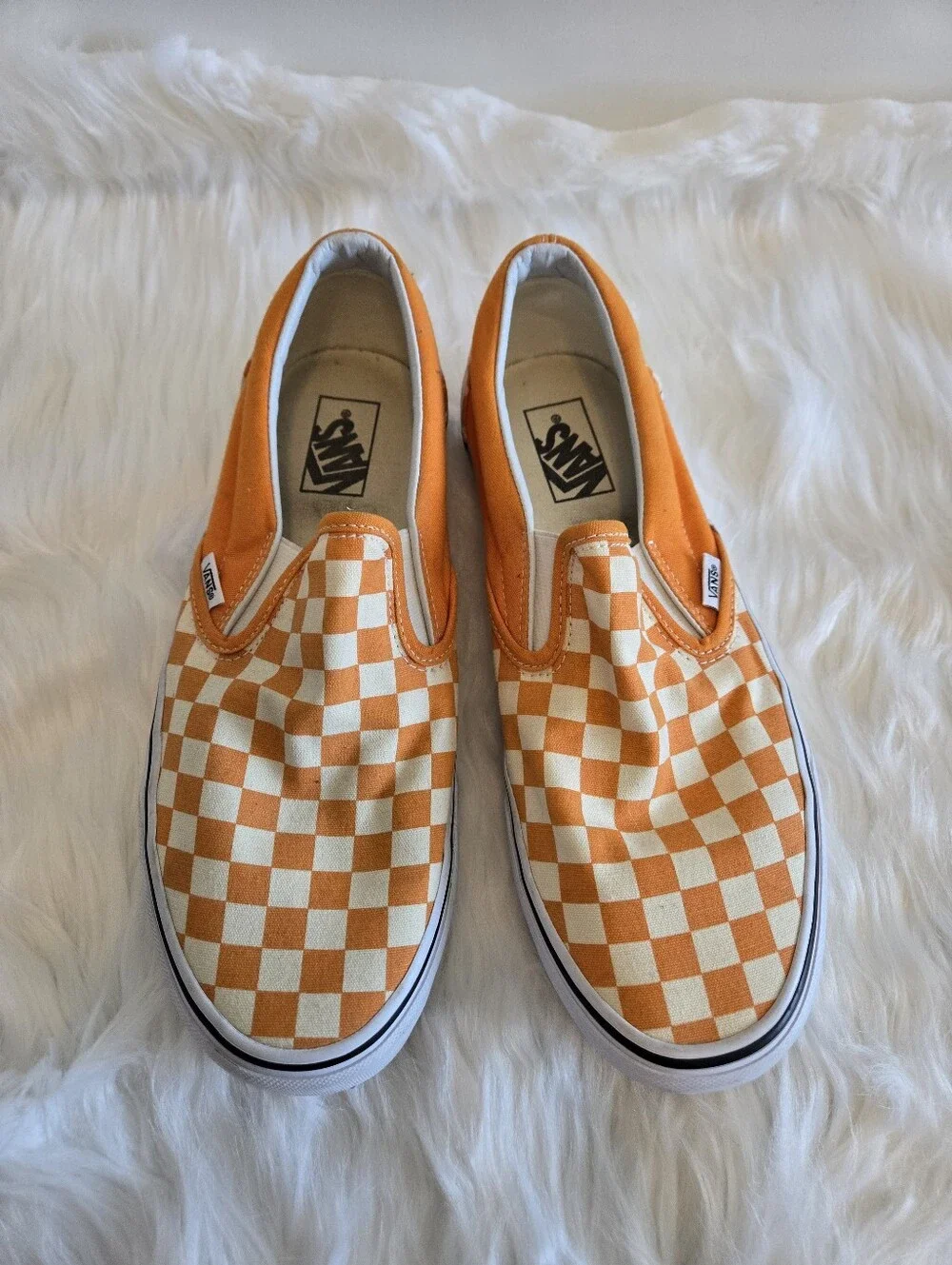 Vans Classic Slip-On Orange White Checkerboard Sneakers Men’s 10.5